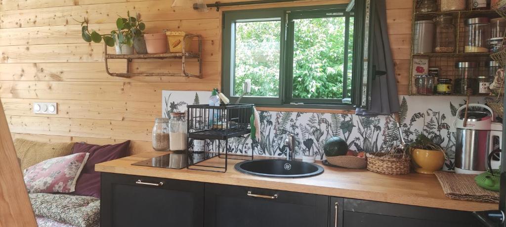 un comptoir de cuisine avec un évier et une fenêtre dans l'établissement Tiny house bucolique, à Saint-Brieuc-de-Mauron