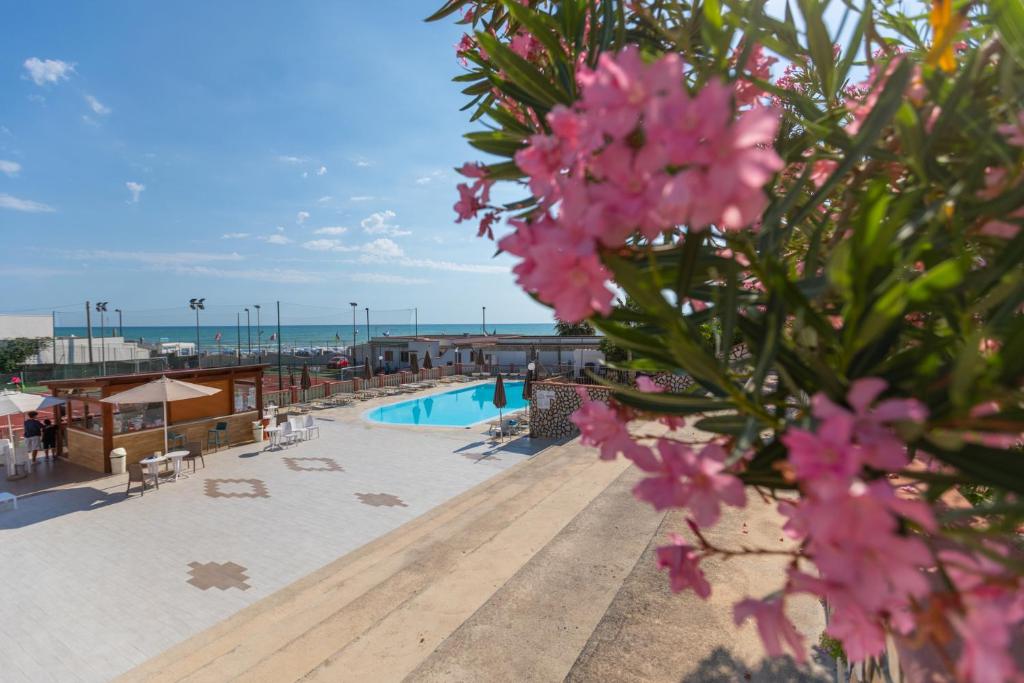 - une vue sur un complexe avec une piscine et des fleurs roses dans l'établissement Village La Canzone del Mare, à Vieste