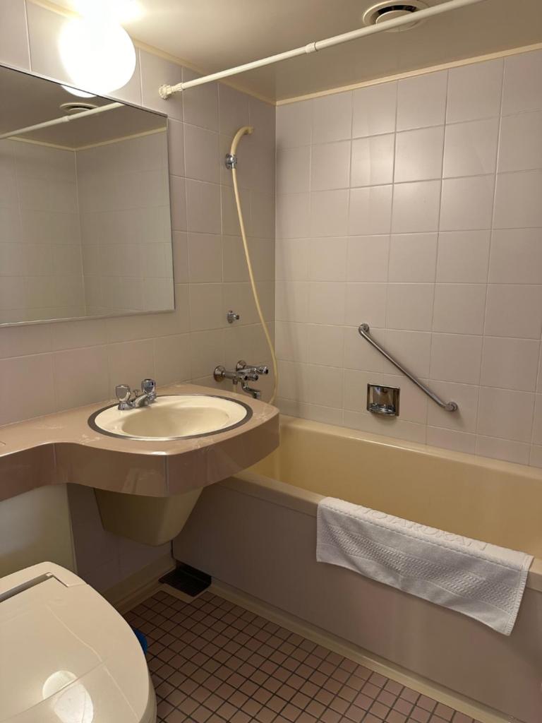 une salle de bain avec un lavabo, des toilettes et une baignoire dans l'établissement Horoshin Onsen Hotarukan, à Numata