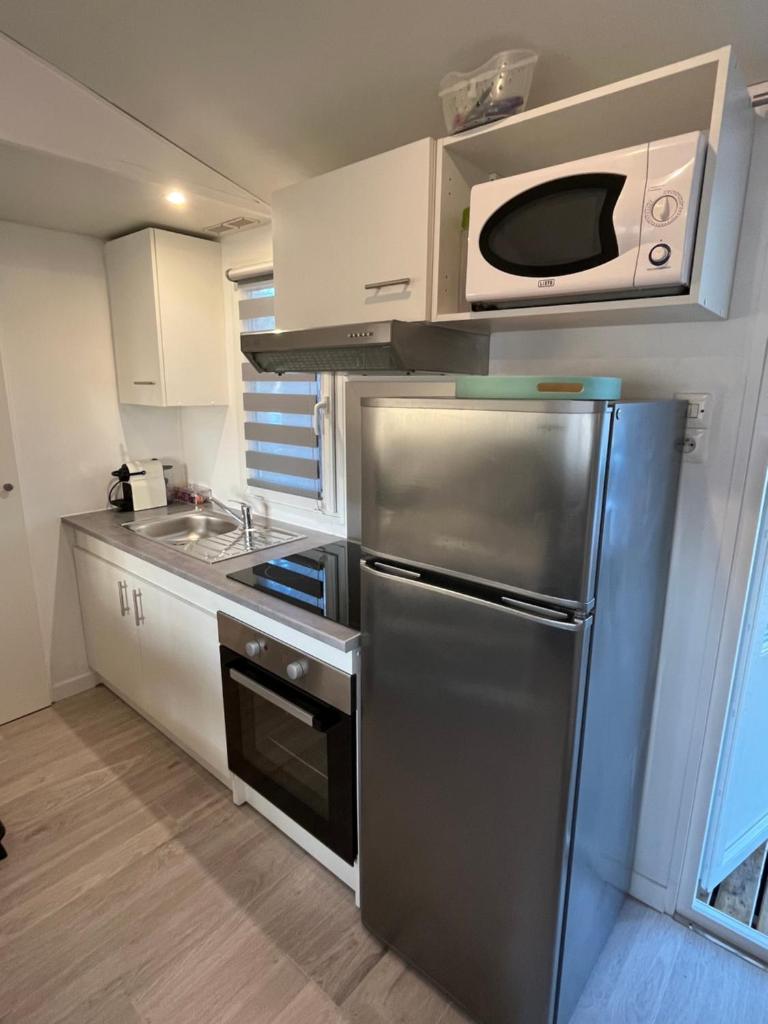 une cuisine avec un réfrigérateur en acier inoxydable et un micro-ondes dans l'établissement Mobil-home Camping Oasis, à Roquebrune-sur Argens
