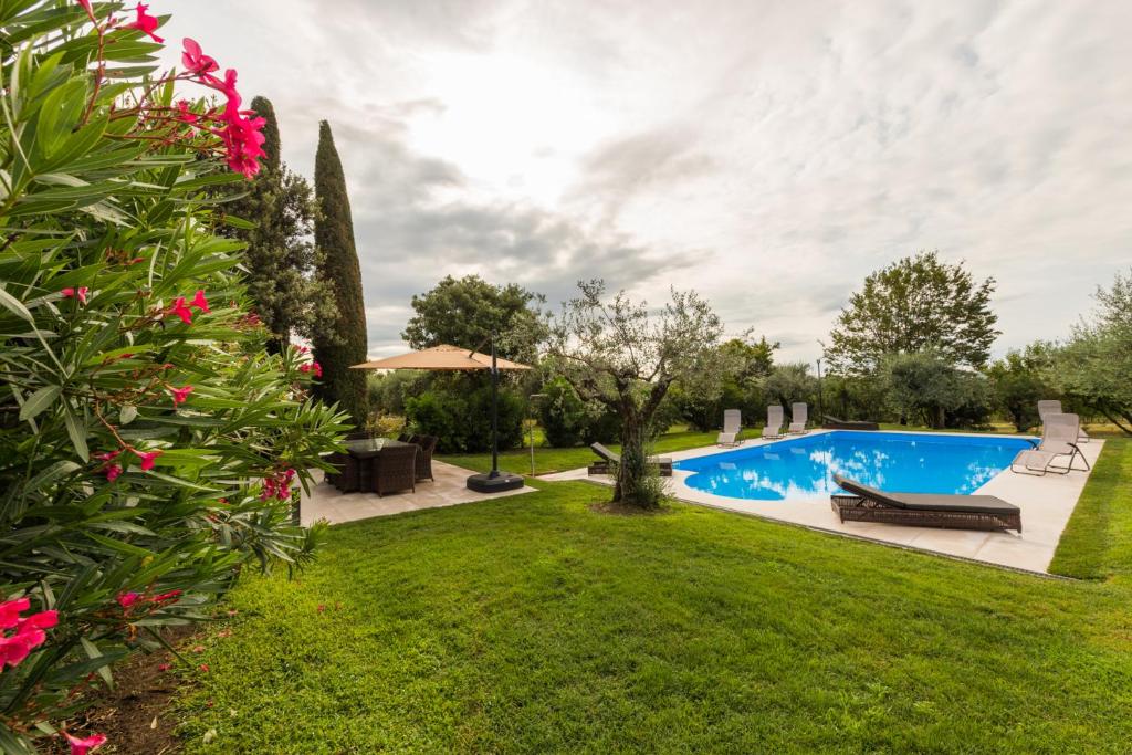 une cour avec une piscine et des fleurs dans l'établissement Villa Minerva, à Lazise 17 autres photos