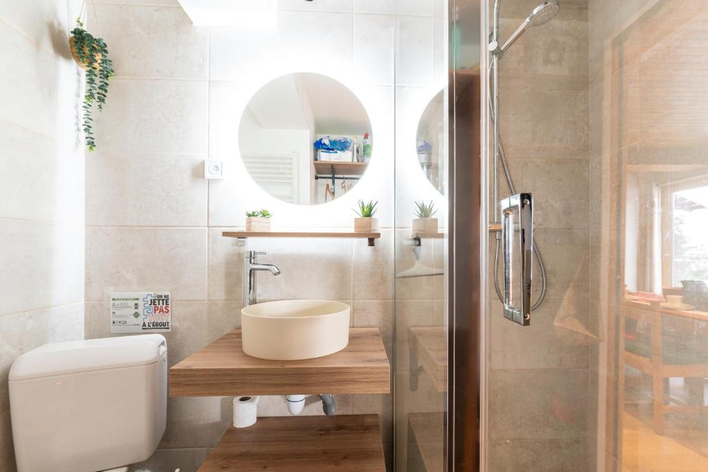 une salle de bain avec toilettes, lavabo et douche dans l'établissement Le Marmotton, à La Giettaz 18 autres photos
