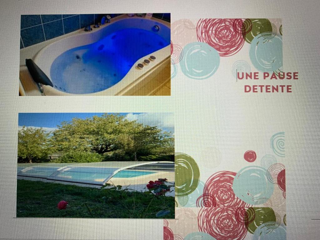 un collage de quatre photos d'une baignoire dans l'établissement Gîte 3 étoiles les Gourlines avec balneo, véranda, piscine et garage, à Avermes