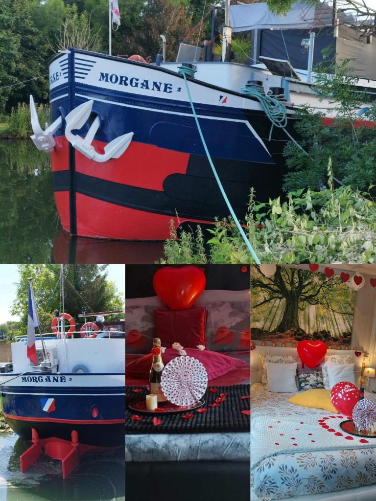 un collage de photos avec un bateau et une table dans l'établissement Péniche Morgane 2 SAS Les Bêtises, à Cambrai