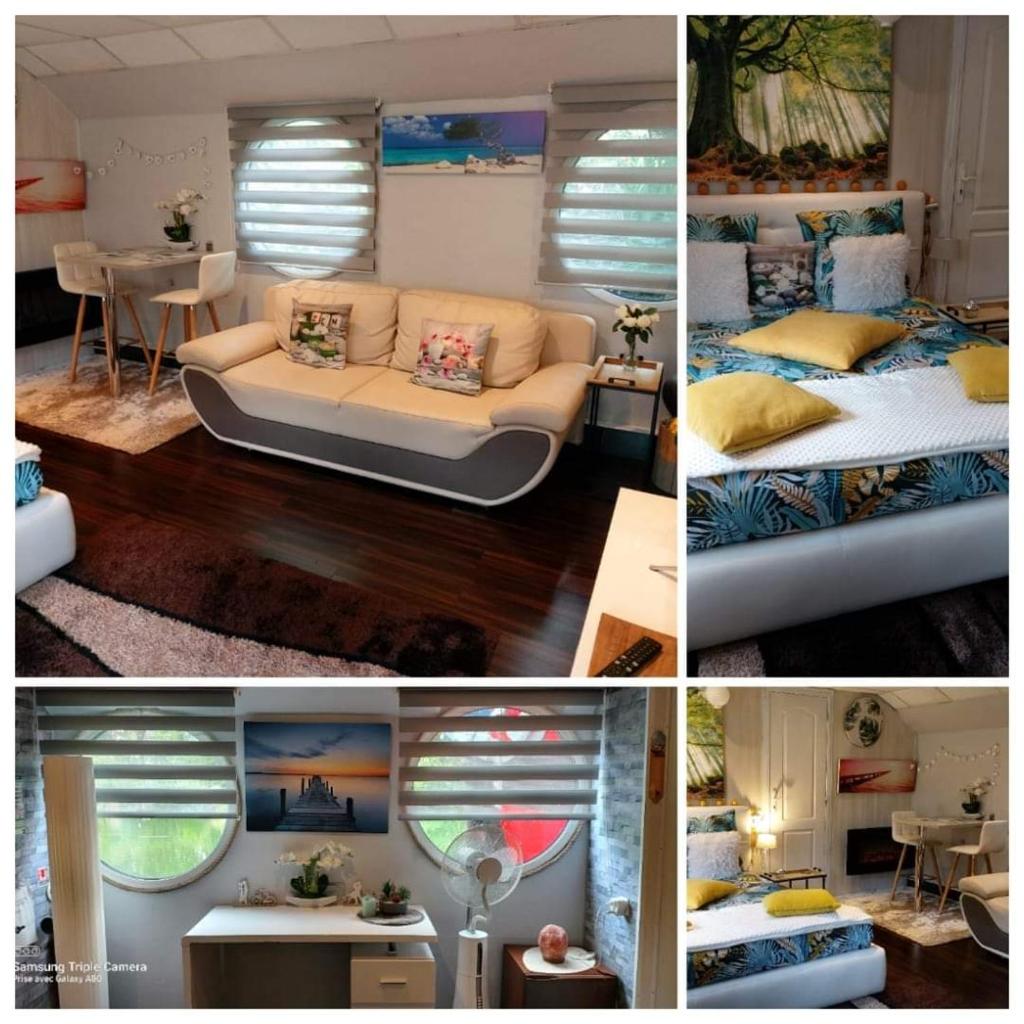 un collage de photos d'une chambre et d'un salon dans l'établissement Péniche Morgane 2 SAS Les Bêtises, à Cambrai