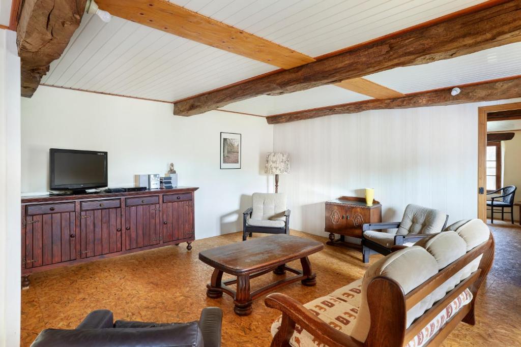 un salon avec un canapé et une télévision dans l'établissement La Colonie St Joseph - Gîtes de charme pour 9, à Labastide-Savès
