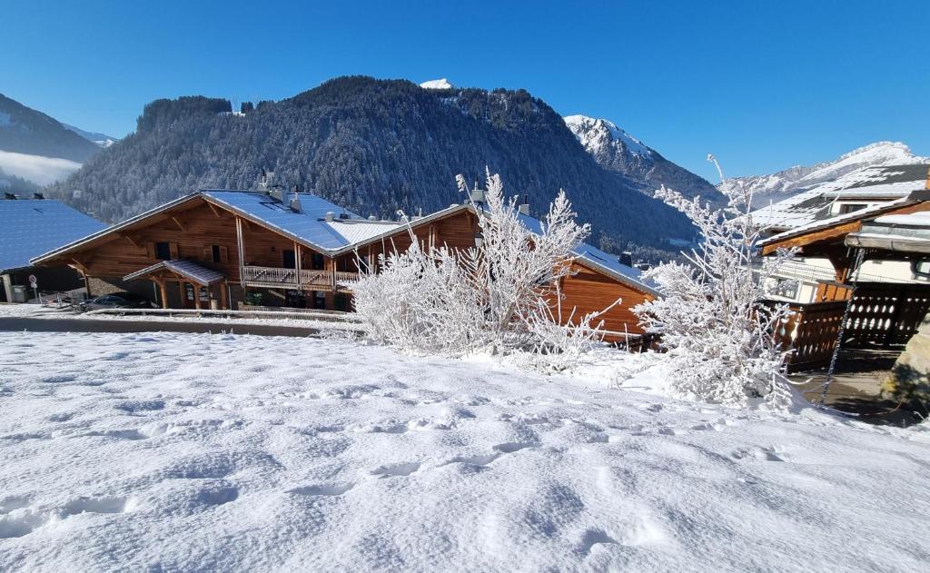 un lodge de ski dans la neige en face d'une montagne dans l'établissement Les Chalets du Petit Châtel, à Châtel