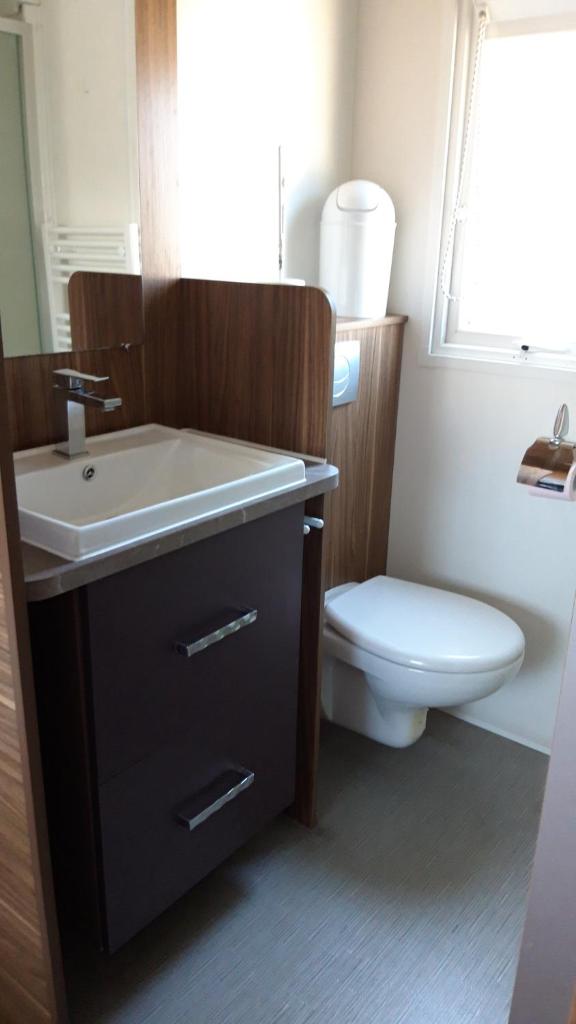 une salle de bain avec un lavabo blanc et des toilettes dans l'établissement Azur 49, à Fréjus 13 autres photos