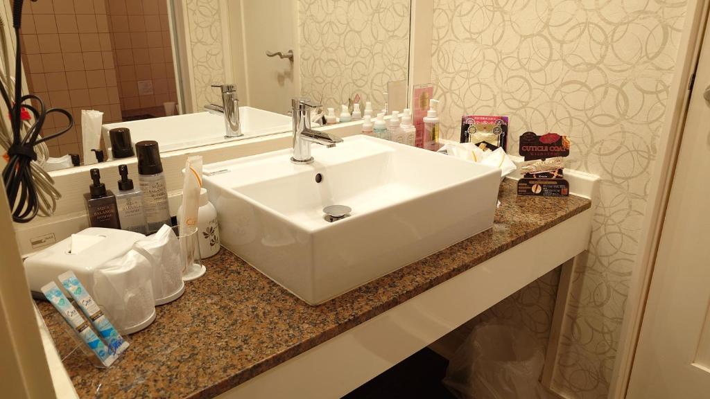 La salle de bains est pourvue d'un lavabo blanc et d'un miroir. dans l'établissement ホテルシエル静岡店 静岡インター - レジャーホテル -, à Shizuoka