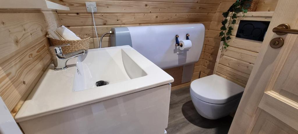 une salle de bain avec un lavabo blanc et des toilettes dans l'établissement Le tipi Cathare hébergement insolite Carcassonne, à Alairac