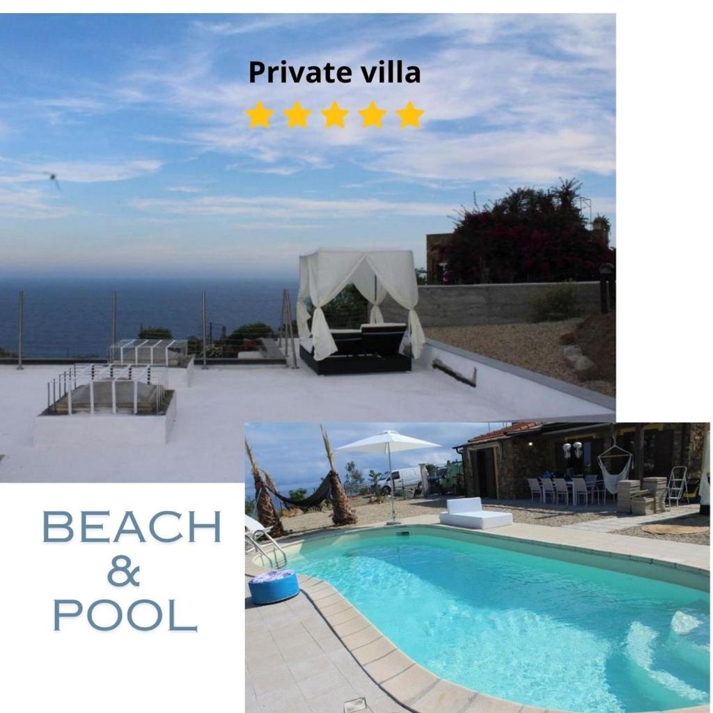 une photo d'une piscine et les mots villa privée et piscine de plage dans l'établissement Villa CliCla - Pool, sea,hommock swing and laziness, à Imperia