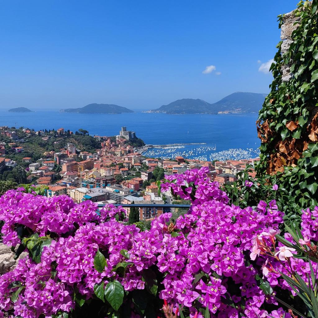 - une vue sur une ville ornée de fleurs violettes dans l'établissement Miralunga la Villetta, à Lerici