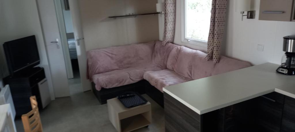 un salon avec un canapé rose et une table dans l'établissement MH 3 chambres au coeur du camping Bois Dormant 90, à Saint-Jean-de-Monts