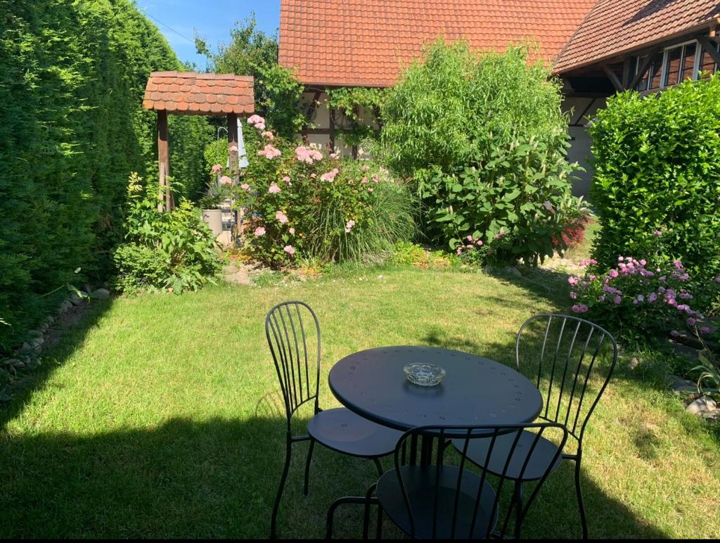 - une table et des chaises dans la cour du jardin dans l'établissement Gîte de Juliana 6 personnes, à Sundhouse