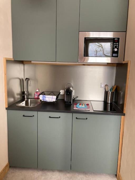 une petite cuisine avec un évier et un micro-ondes dans l'établissement Studio chaleureux au départ des sentiers et pistes de ski, à Lajoux