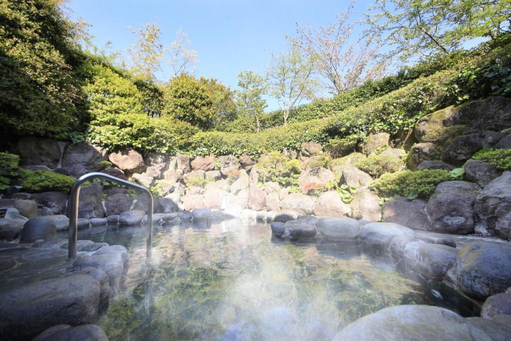une mare d'eau dans un ruisseau avec des rochers dans l'établissement Yutorelo Atami, à Atami