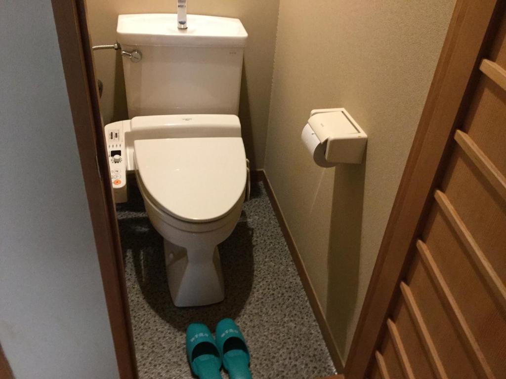La salle de bains est pourvue de toilettes et d'une paire de chaussons bleus. dans l'établissement Suzukiya Ryokan, à Shiroishi 21 autres photos