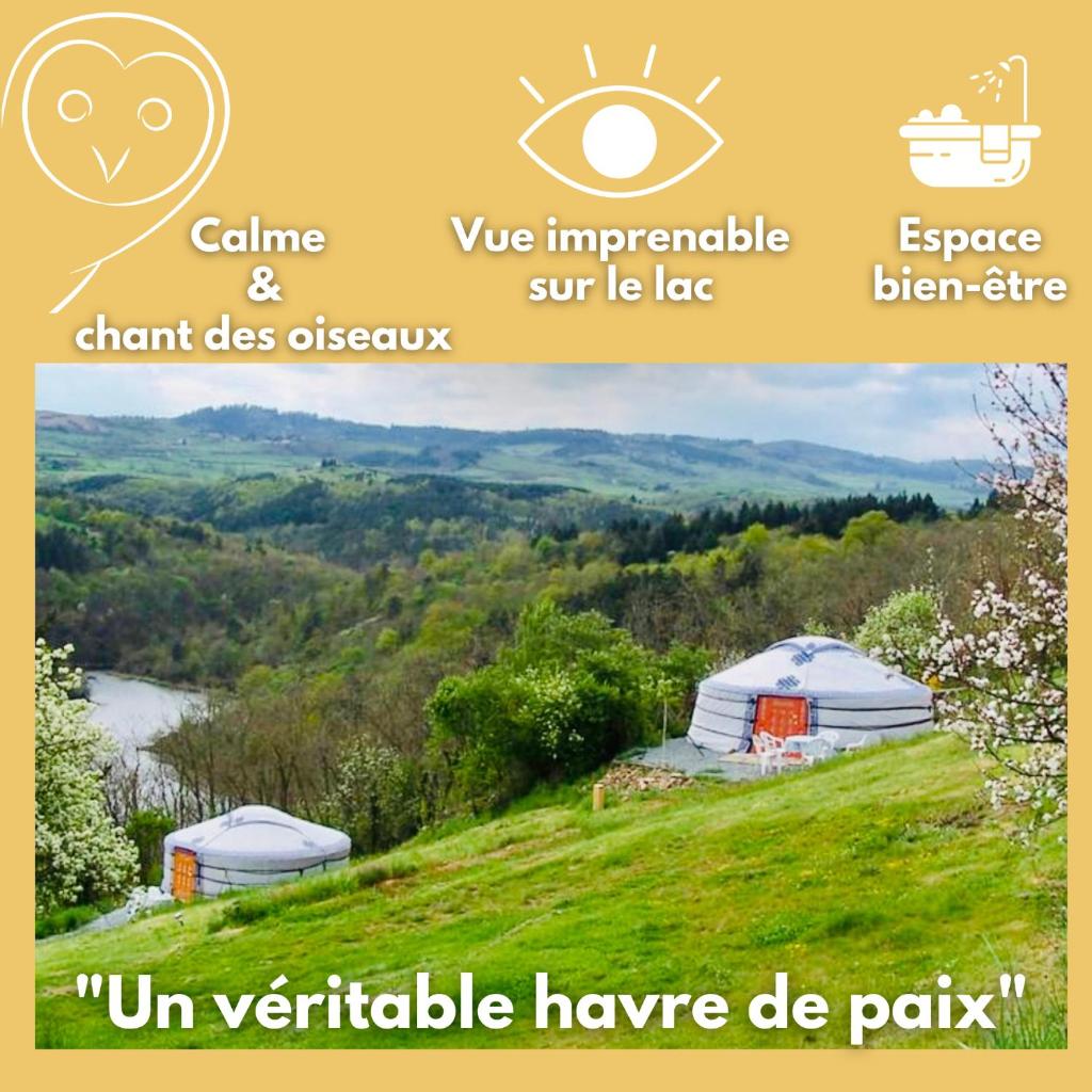 un collage de photos d'une yourte sur une colline dans l'établissement Anouchka Ô fil 2 l'eau, yourte en bord de Lac, à Saint-Maurice-sur-Loire