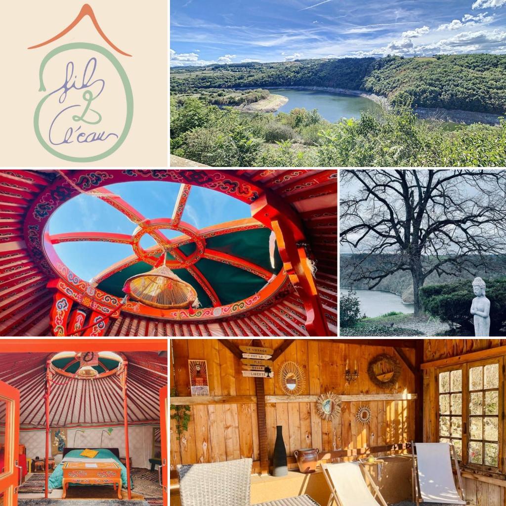un collage de photos avec vue sur un lac dans l'établissement Anouchka Ô fil 2 l'eau, yourte en bord de Lac, à Saint-Maurice-sur-Loire
