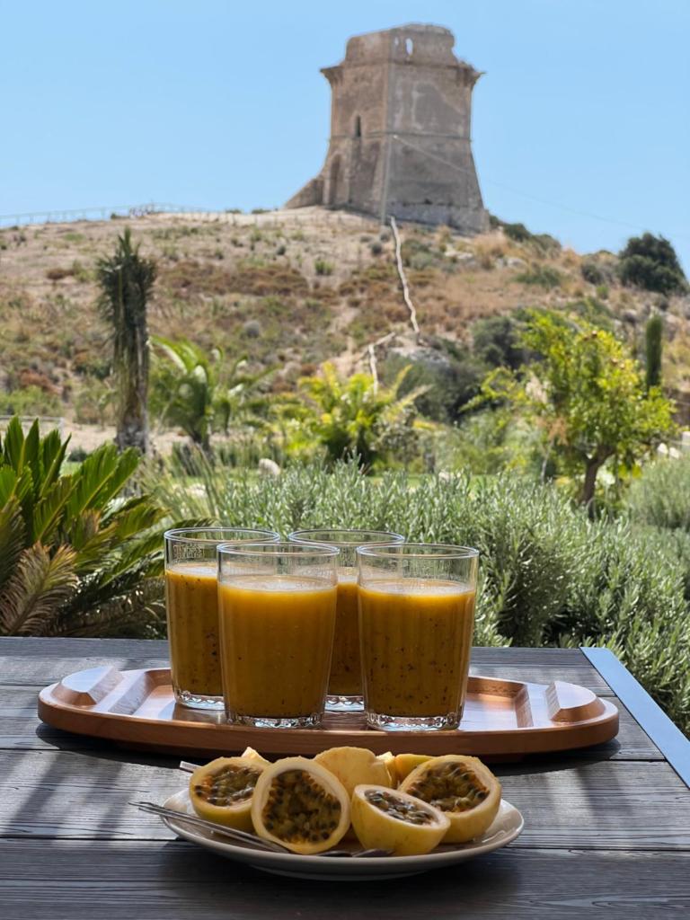 une assiette de nourriture avec deux verres de jus d'orange dans l'établissement Villa Aries - Rural Chic Experience, à Gela