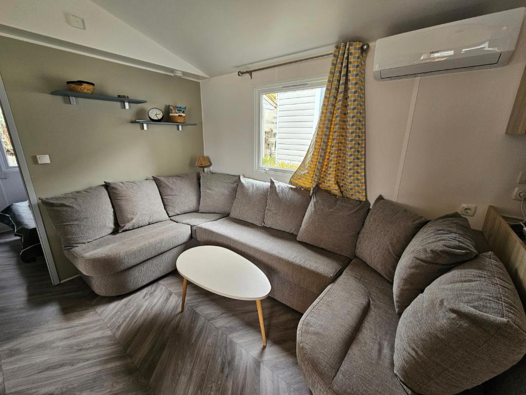 un salon avec un canapé et une table dans l'établissement Magnifique Mobil home climatisé (139), à Saint-Jean-de-Monts