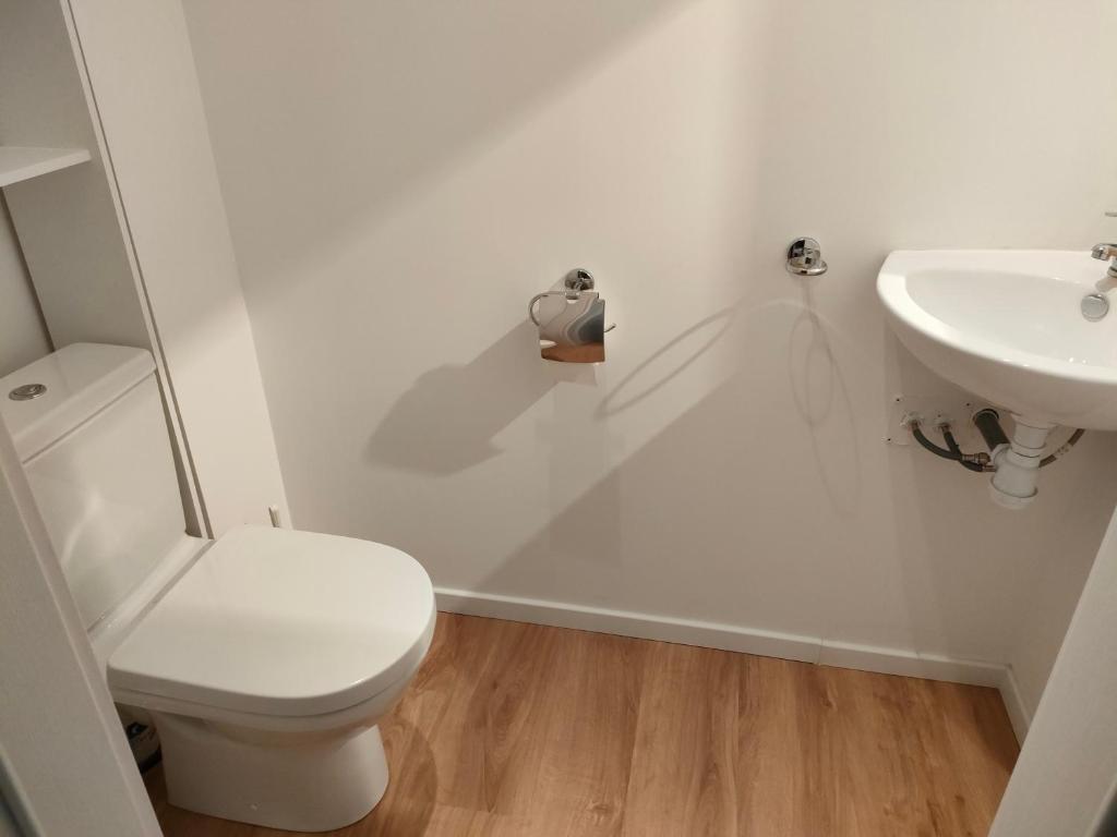 une salle de bain blanche avec des toilettes et un lavabo dans l'établissement bel appartement 3 pièces dans la Résidence Vosges-Alsace Orbey, à Orbey 29 autres photos