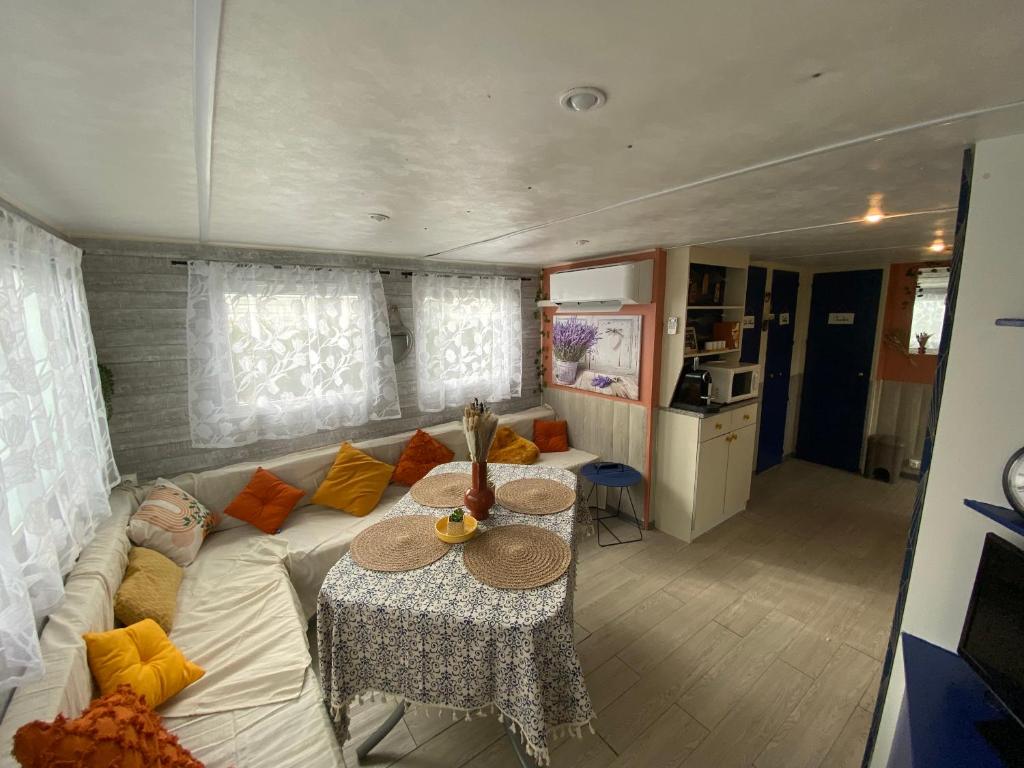 un salon avec un canapé et une table dans l'établissement Mobil home confortable Gorges du Verdon, à Sainte-Croix-de-Verdon