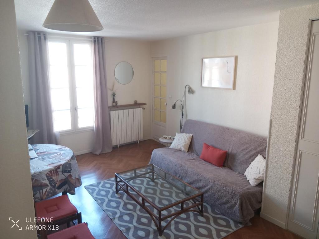 un salon avec un canapé et une table dans l'établissement Pres des thermes, à Bagnères-de-Bigorre