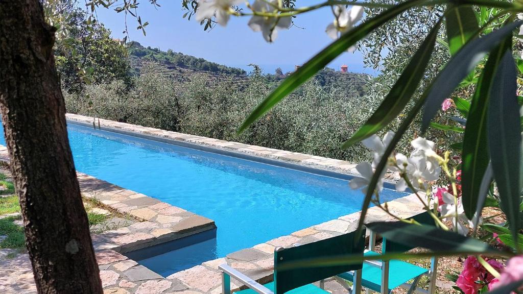 une piscine avec de l'eau bleue dans une cour dans l'établissement Miralunga la Villetta, à Lerici