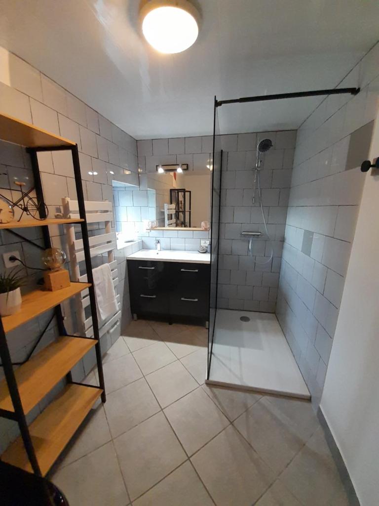 une grande salle de bain avec douche et lavabo dans l'établissement LeS GITES CAMBOIS, à Cambes