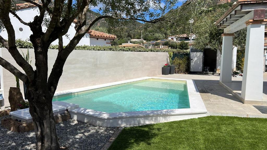 - une piscine dans une cour à côté d'un arbre dans l'établissement VILLA ILARIA con piscina privata a 350 mt spiaggia di sabbia, à Tertenìa
