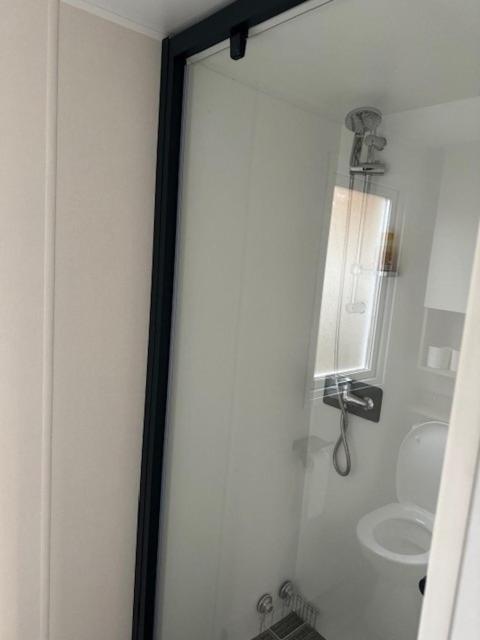 une porte en verre de la salle de bains pourvue de toilettes. dans l'établissement Mobile- Home AMIRA, à Valras-Plage