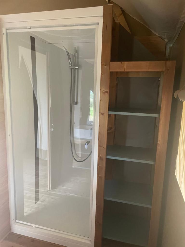 une douche dans une salle de bain avec une porte vitrée dans l'établissement lodge lavallee, à Belvédère
