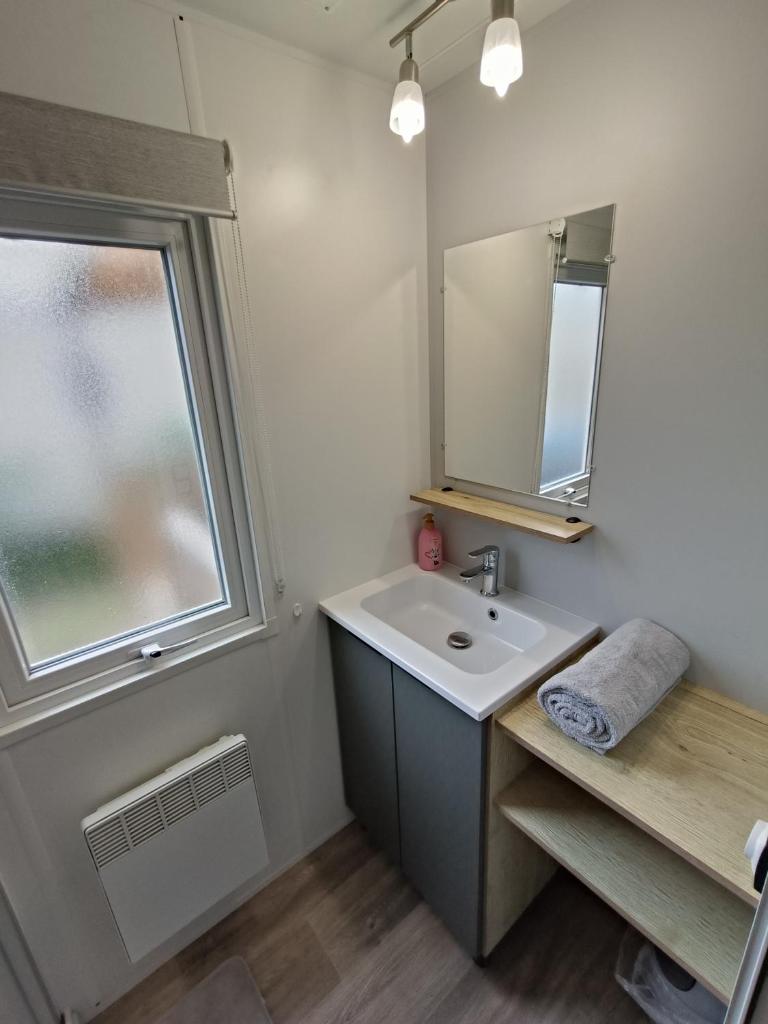 une salle de bain avec un lavabo et une fenêtre dans l'établissement Mobil home 3 chambres Accès direct plage 4 Etoiles, à Canet