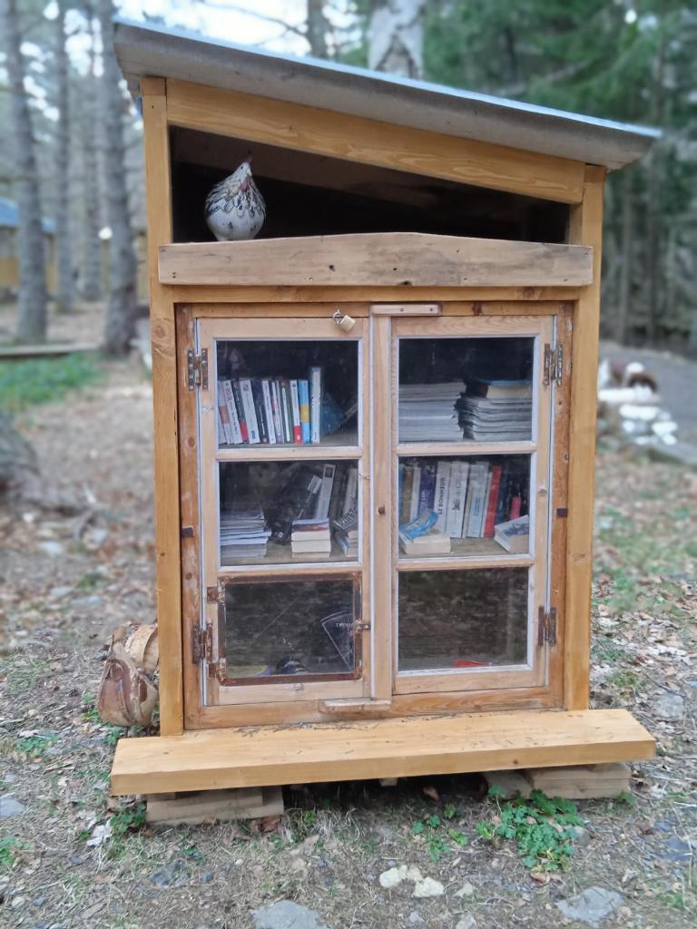 d'une petite armoire en bois avec des portes et des livres en verre. dans l'établissement Chalet Hibou 1 couchage en 140 Domaine de la Mamounette, à Champclause