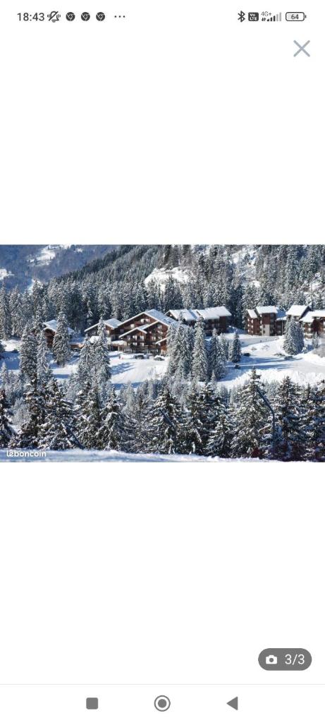 un écran de télévision montrant un village enneigé dans l'établissement Studio au pied des pistes avec vue sur la montagne, à Mieussy