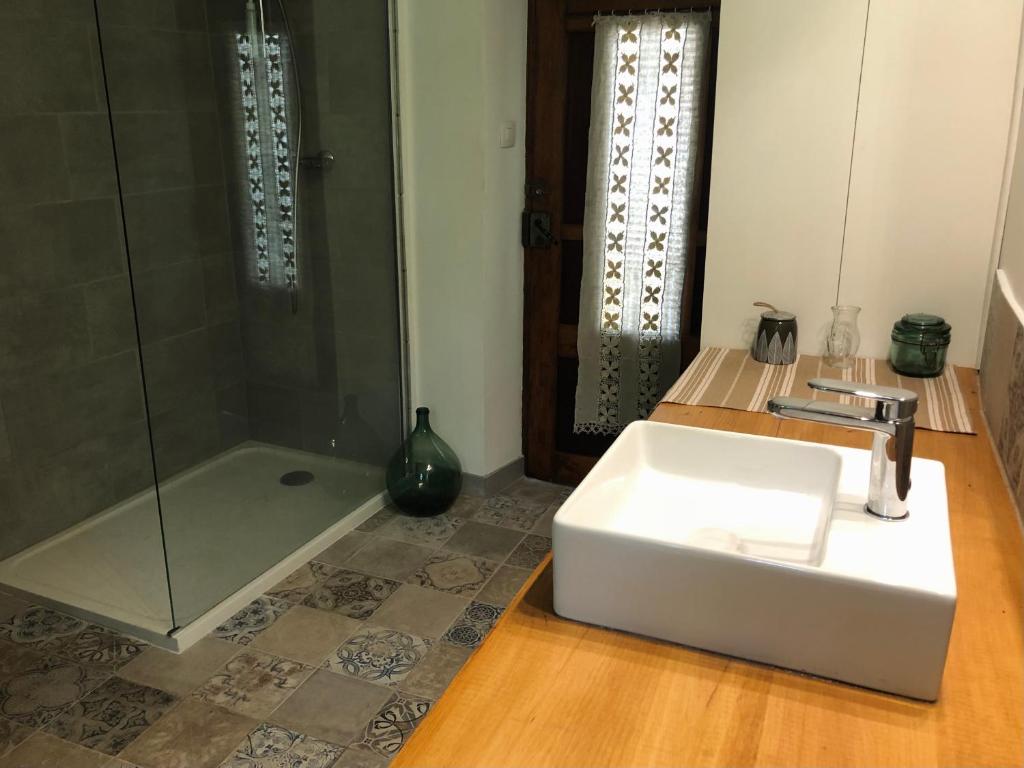 une salle de bain avec un lavabo et une douche dans l'établissement Petite Fugue, à Cransac