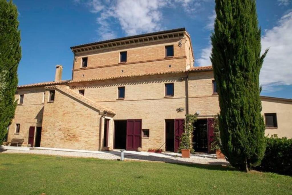 un grand bâtiment en briques avec un arbre dans l'établissement Villa Gelso - Tenuta esclusiva con piscina, sauna e vista panoramica, à Belvedere Ostrense