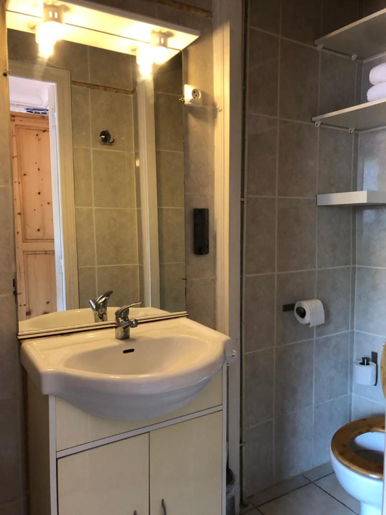 une salle de bain avec un lavabo et une douche dans l'établissement Résidence Natura, à Ax-les-Thermes