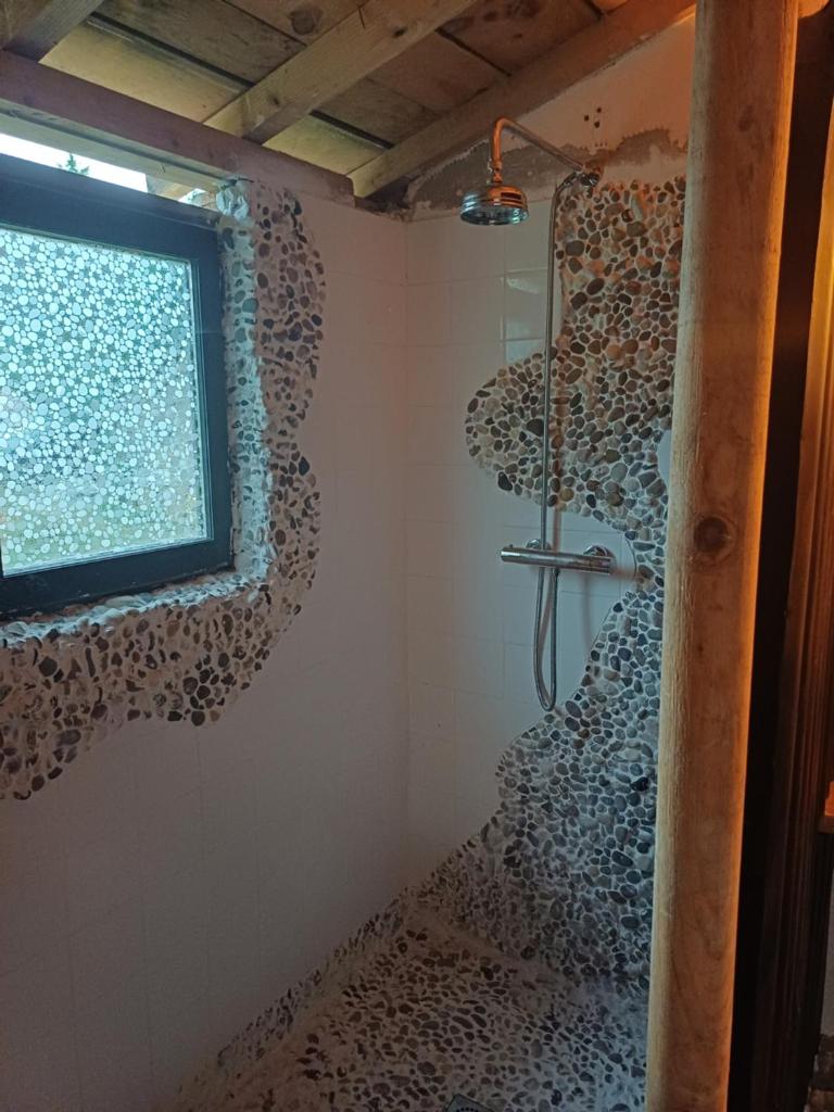 La salle de bains est pourvue d'une douche et d'une fenêtre. dans l'établissement Pays de Joie - Caravan La Bohème, à Saint-Macoux