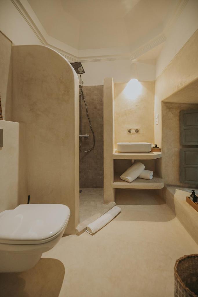 une salle de bain avec toilettes et douche dans l'établissement Riad Dar M, à Marrakech