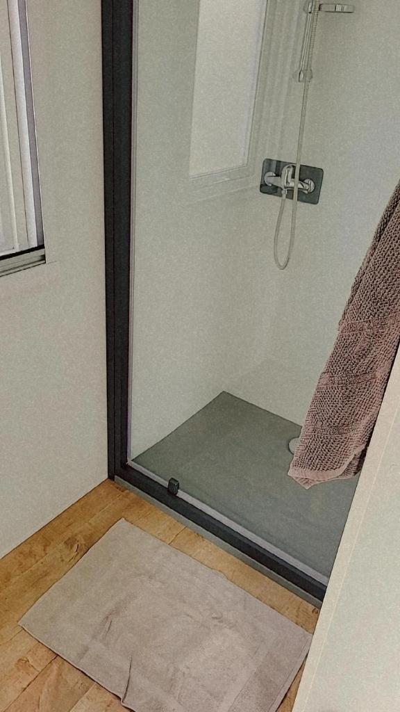 - une douche avec une porte en verre et un tapis à côté dans l'établissement Superbe mobile home neuf - Mazet 71 - Camping la Carabasse, à Vias