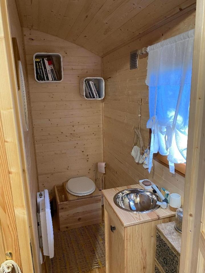 une petite salle de bain avec un lavabo et des toilettes dans l'établissement La roulotte D'elfes, à Thénac