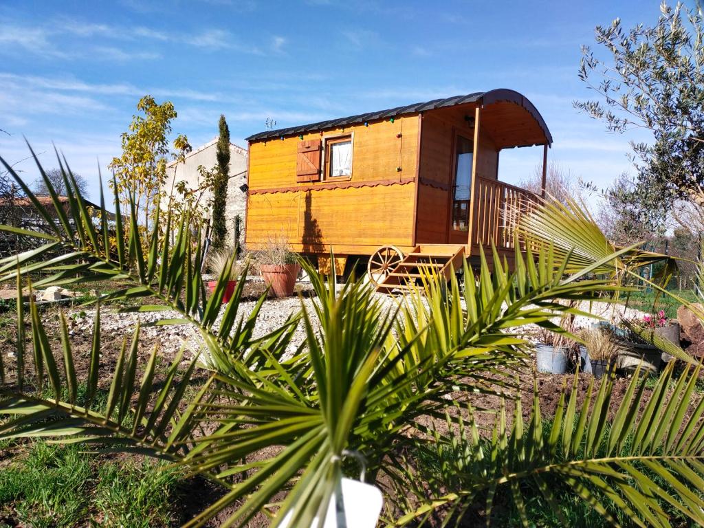 une petite maison dans un jardin planté de palmiers dans l'établissement La roulotte D'elfes, à Thénac
