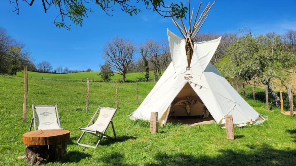 un tipi avec deux chaises et une table dans un champ dans l'établissement Tipi des amoureux, à Moulayrès