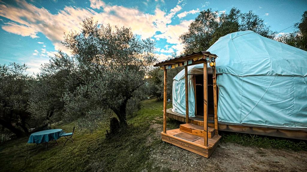 une tente bleue assise dans un champ arboré dans l'établissement La yourte kirghize, à Alès