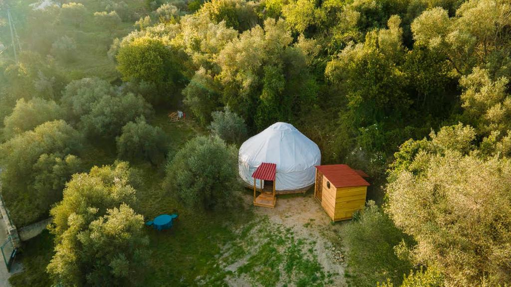 - une vue de tête sur une yourte dans une forêt dans l'établissement La yourte kirghize, à Alès