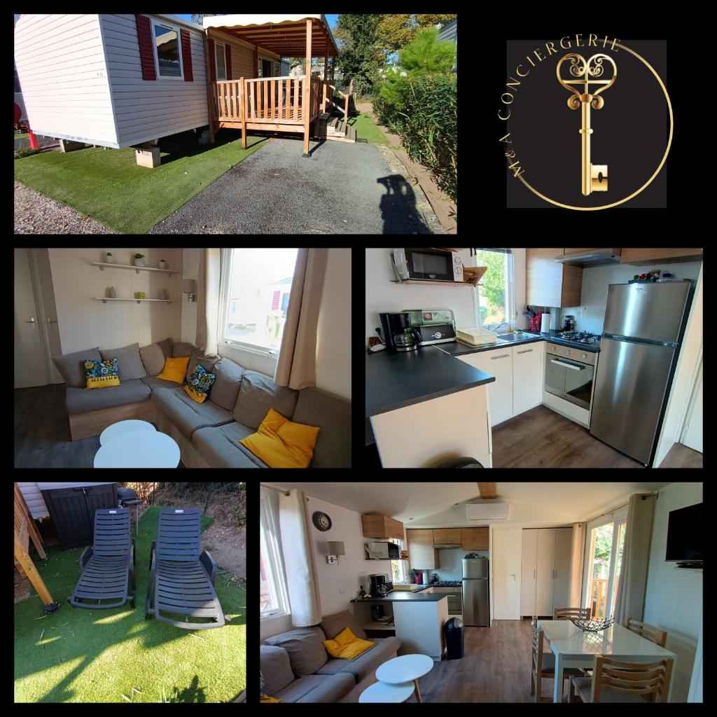 un collage de photos d'une cuisine et d'une maison dans l'établissement Camping SIBLU les sables du midi à Valras plage, à Valras-Plage
