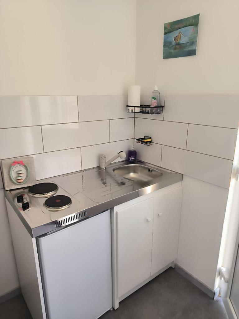 une petite cuisine avec un évier et une cuisinière dans l'établissement Roulotte insolite La Marivole, à Azay-le-Ferron 6 autres photos