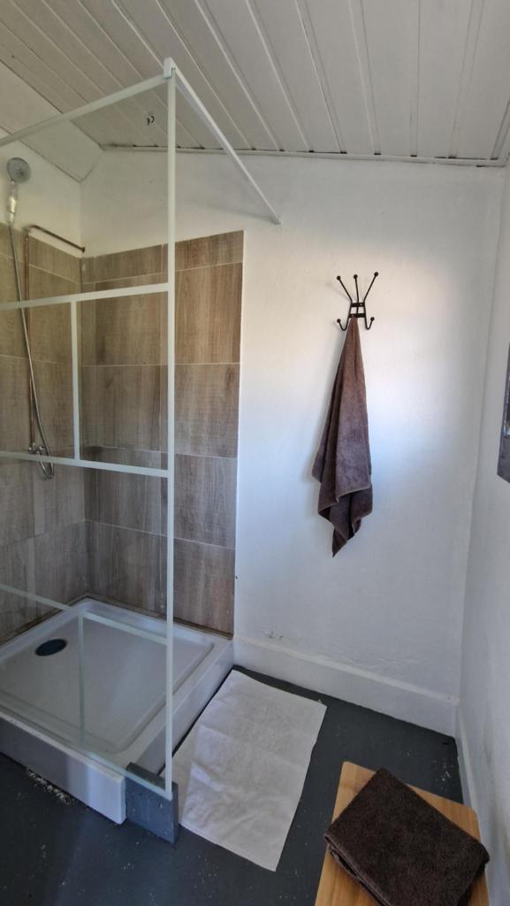 La salle de bains est pourvue d'une douche et d'une paroi en verre. dans l'établissement De pipowagens van het Château, à Viviez